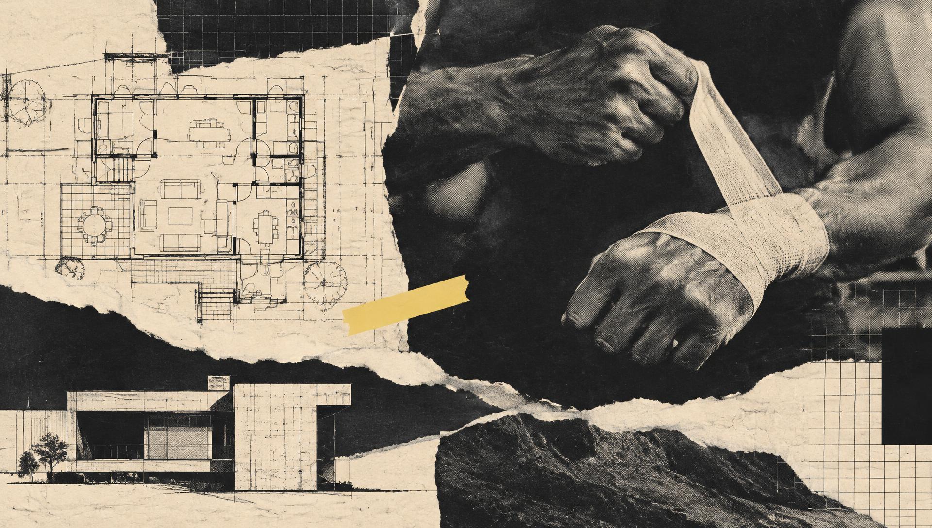 Torn-paper collage of architectural plans and an athlete wrapping their wrist